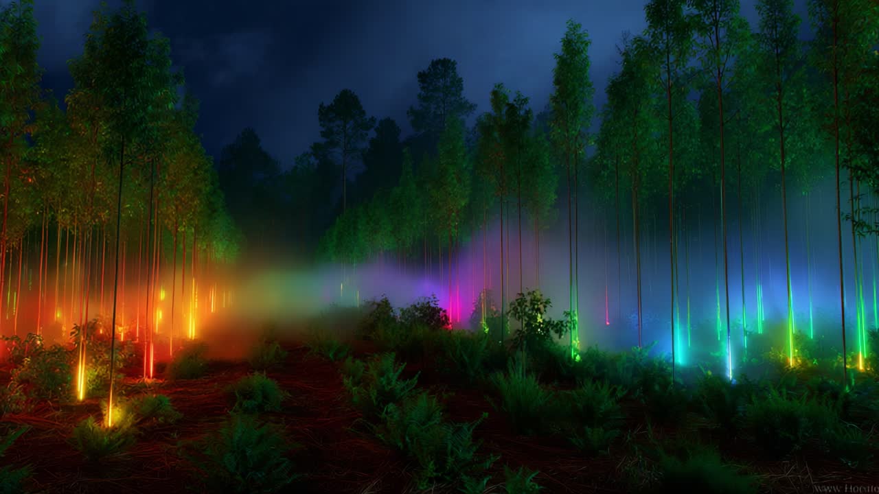A Surreal Display of Colorful Light Beacons in a Mystical Forest at Night, Showcasing Vibrant Neon Hues Illuminating the Trees and Misty Environment, Creating a Dreamlike Atmosphere Inviting Exploration
