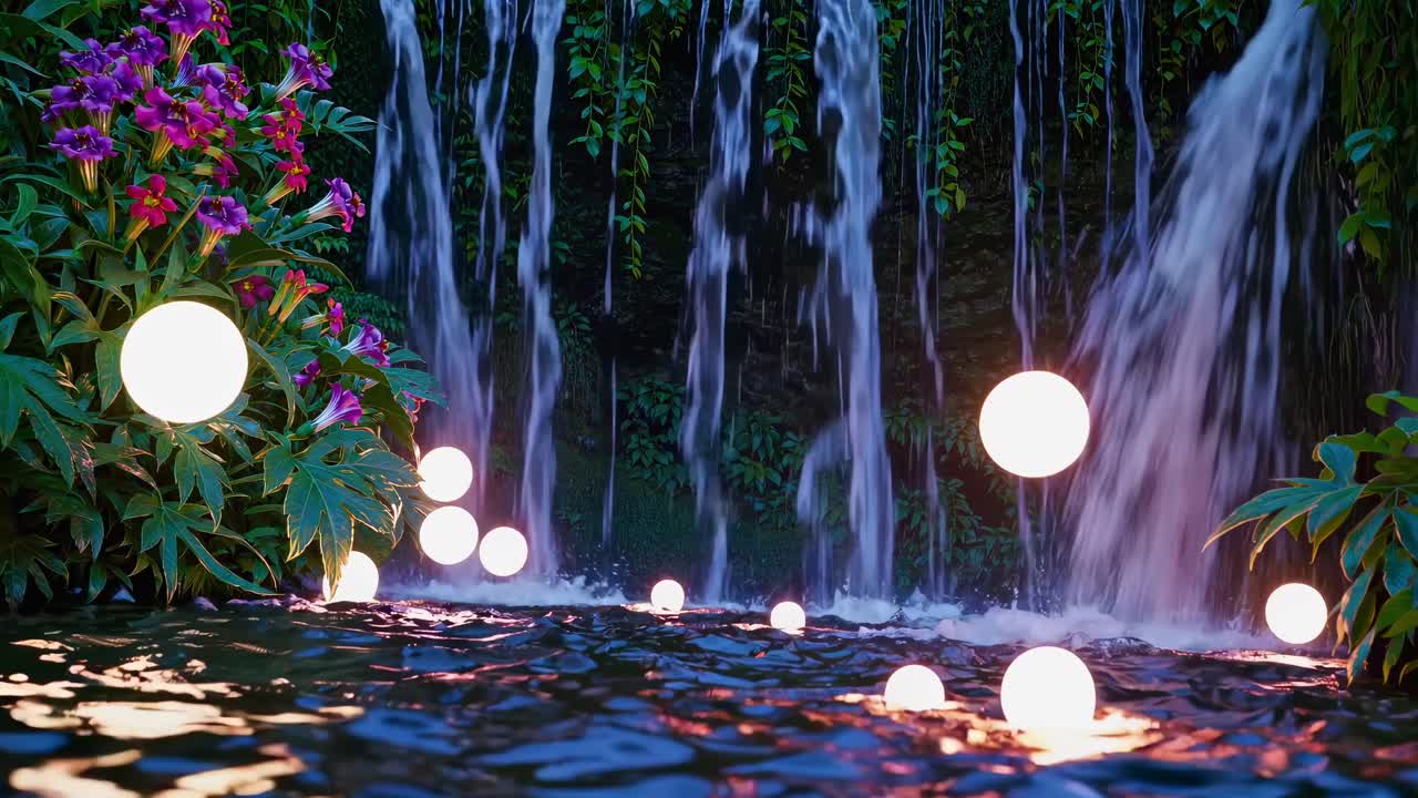 A serene video scene of glowing orbs floating on water with a backdrop of cascading waterfalls