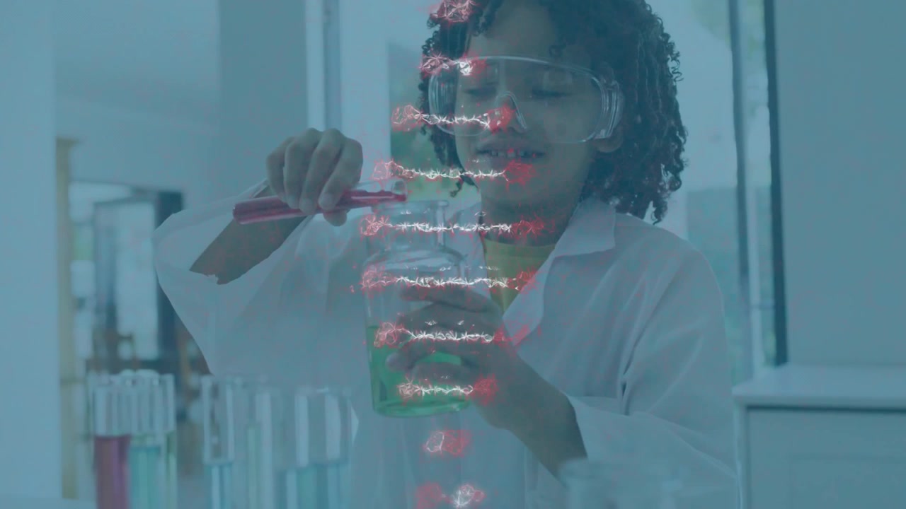 science student pipetting green fluid into beaker observing reaction with DNA helix swirling