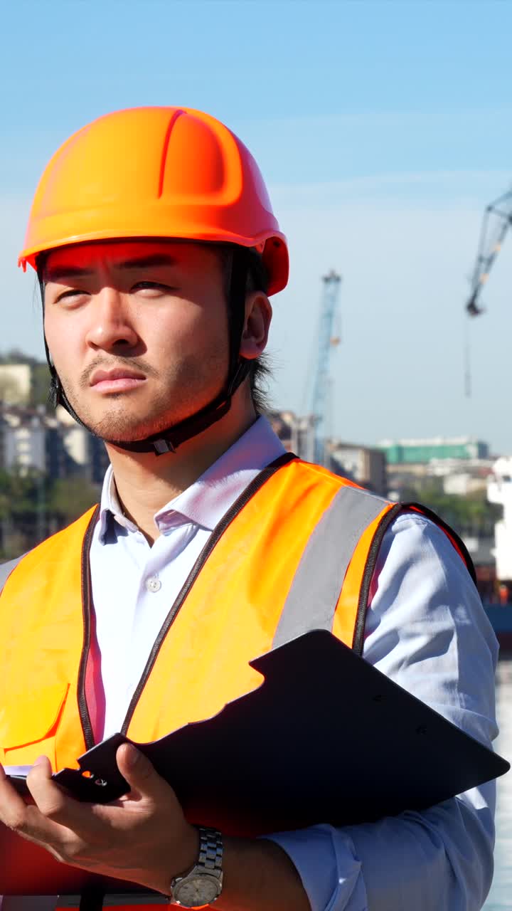 Ingeniero asiático con casco revisando el portapapeles en el puerto.
