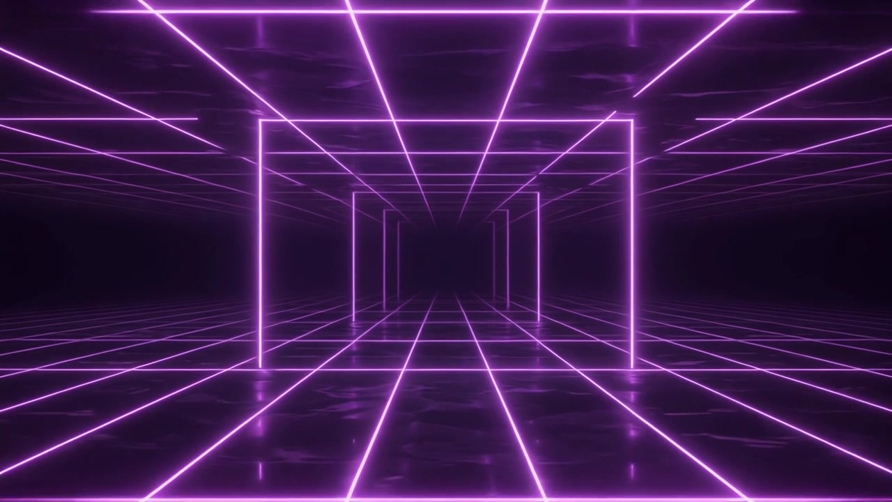 Tunnel di luce neon viola futuristico con pavimento a griglia