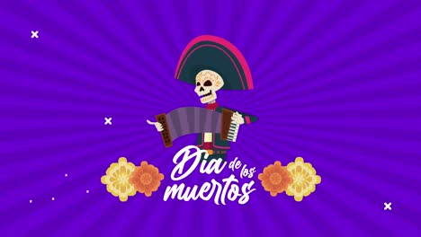 celebración del día de los muertos con cráneo de mariachi tocando acordeón con flores