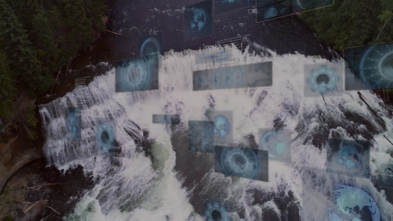 Digital screens displaying data and graphics overlaying waterfall scene in animation