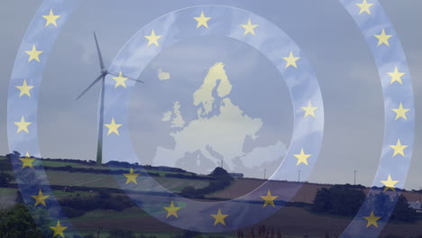 animation of map of europe with stars of european union flag rotating over rotating wind turbines