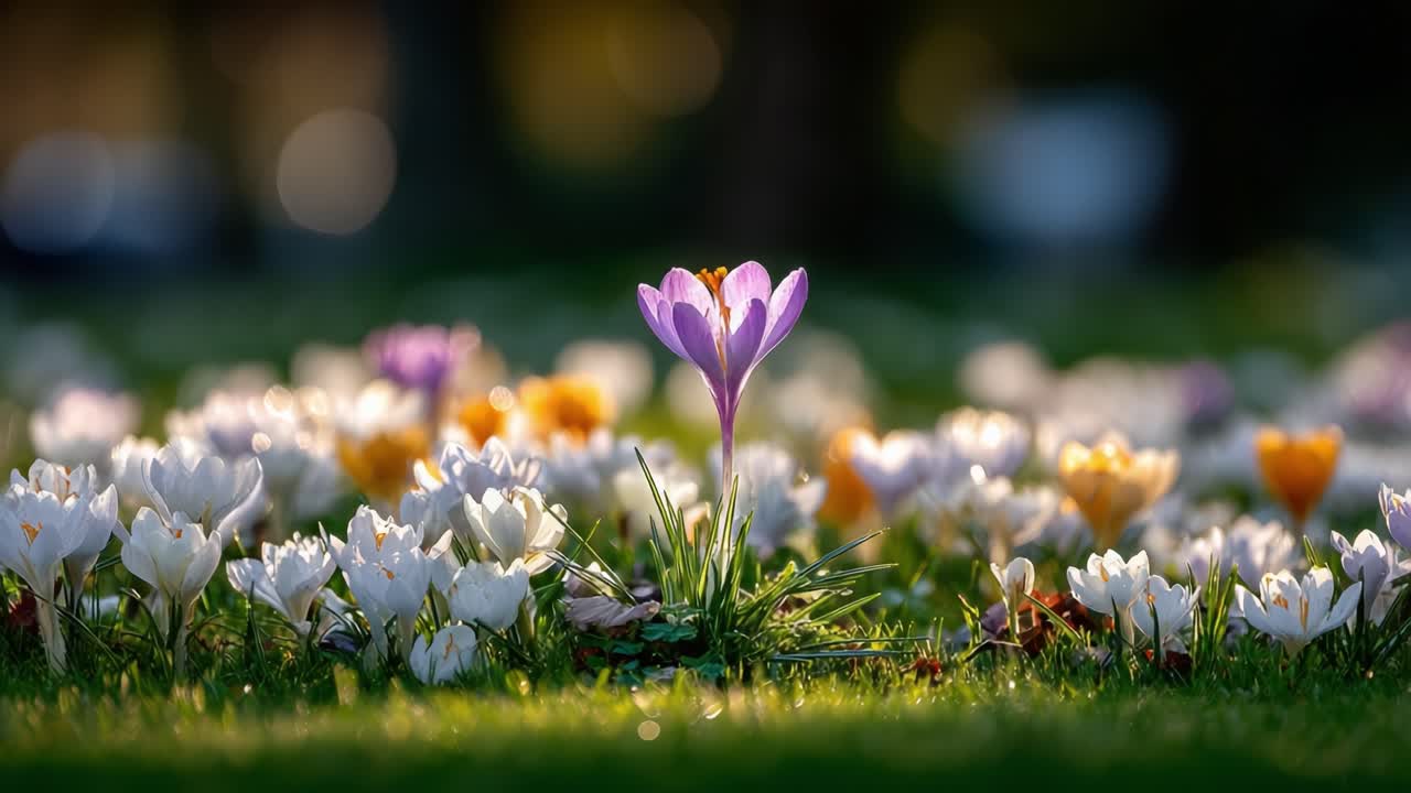 Farverig udstilling af forårsblomster viser en smuk krokus omgivet af farverige blomster i en fredfyldt have med blød, naturlig belysning