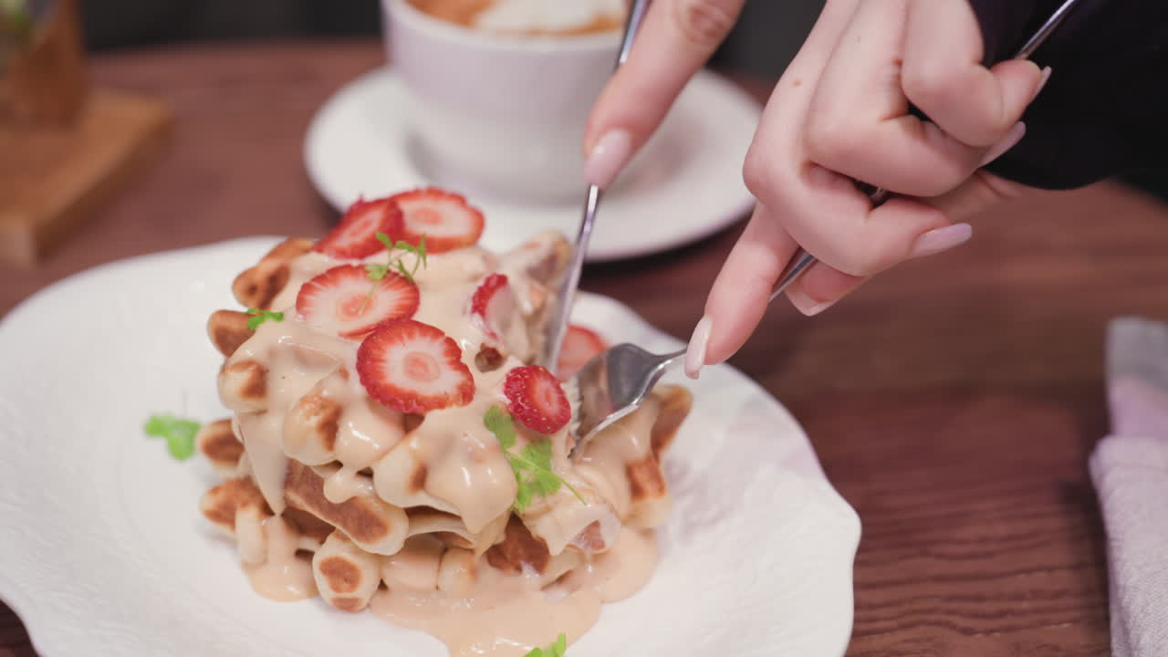 Close-up of lady using fork and knife to cut stack of creamy waffles topped with sliced strawberries on elegant white plate. Background shows wooden table surface and blurred latte cup on saucer