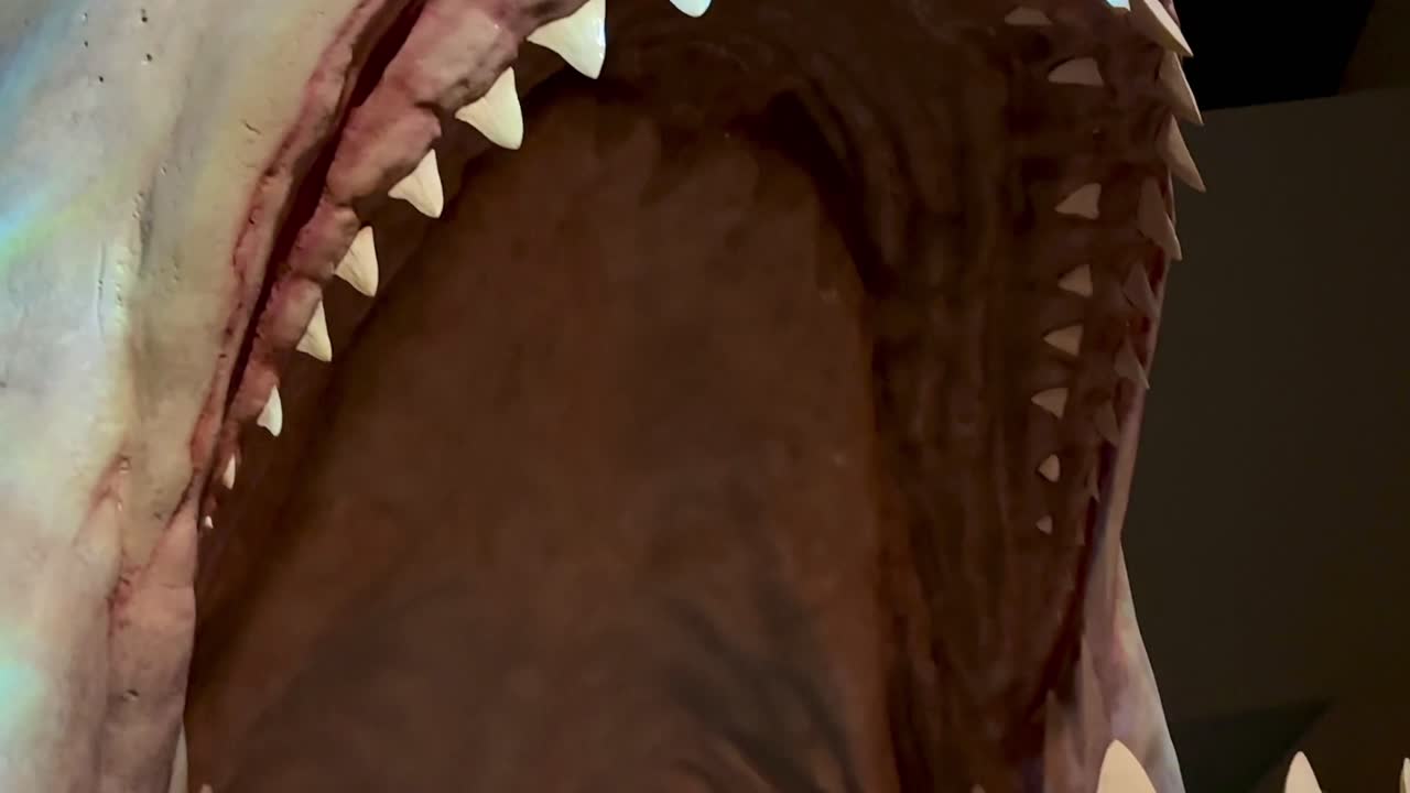 Great White Shark Extreme Closeup tilting down to big teeth museum model exhibit