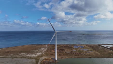 in an aerial view, wind turbine blades rotate, creating green energy, and you can see the baltic sea in the background