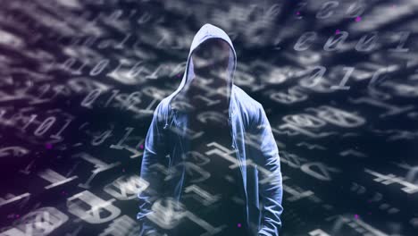 animation of binary coding and data processing over male hacker in hoodie