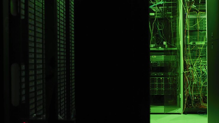 Close up of green control lights on computer servers in tech room