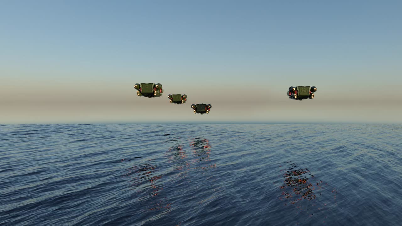 los barcos de ataque del futuro cercano vuelan sobre aguas tranquilas, cg