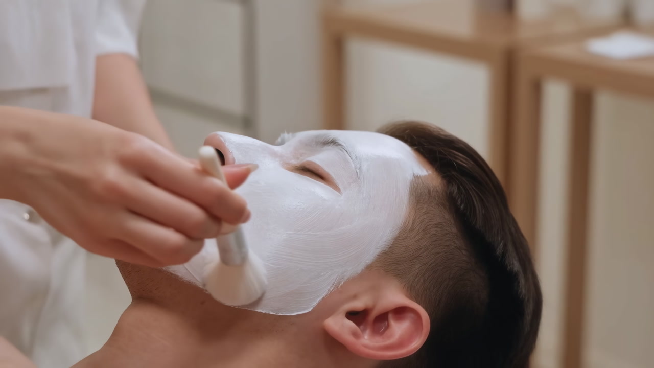 Asian Male With White Facial Mask In Spa Room, Esthetician Applying Cream With Soft Brush, Closeup Of Relaxed