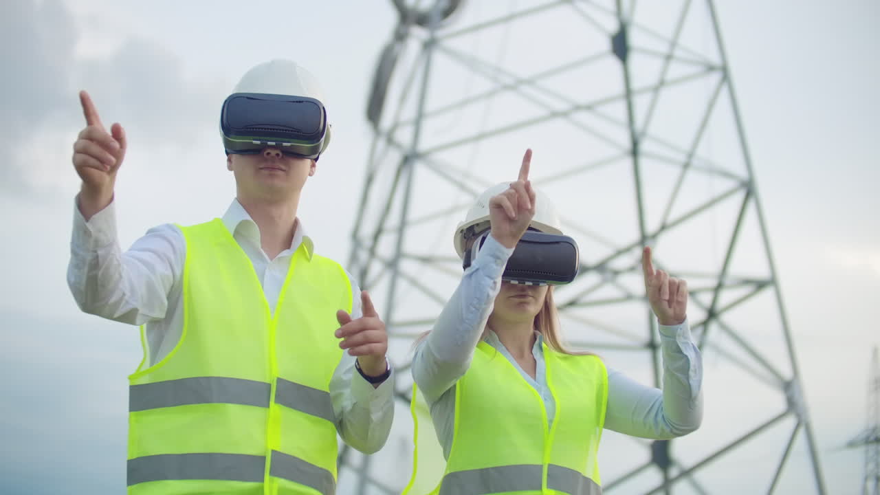двое инженеров-энергетиков в vr-очках движутся руками, имитируя работу интерфейса системы управления и планирование высоковольтных линий для доставки электроэнергии из альтернативных источников энергии.