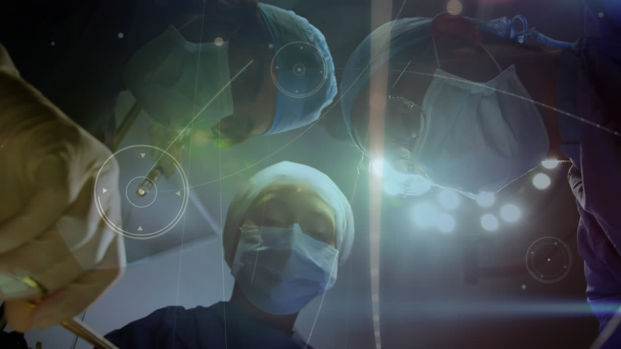 수술실의 외과 의사들 간의 연결 네트워크의 애니메이션