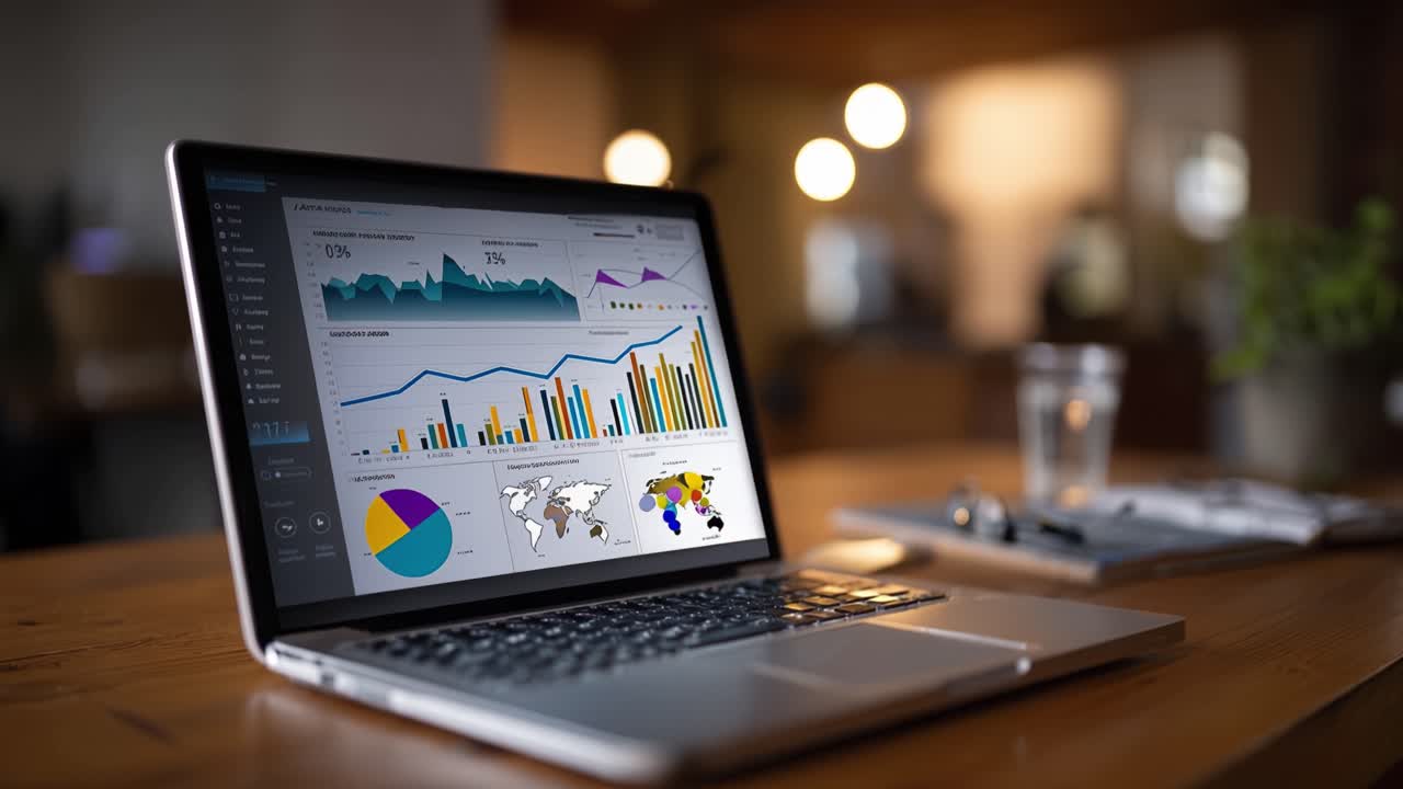 Analyserer datatrender: En bærbar datamaskin som viser fargerike grafer og diagrammer i et moderne arbeidsområde med naturlig lys og myke, uskarpe bakgrunnselementer.