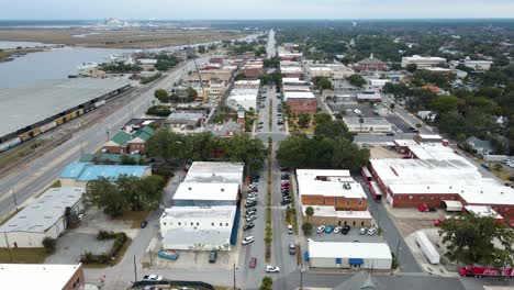 downtown brunswick georgia wide aerial view boom up