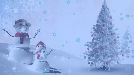 Animation-Von-Weihnachtsschneemännern-Und-Schnee,-Der-über-Die-Winterlandschaft-Fällt