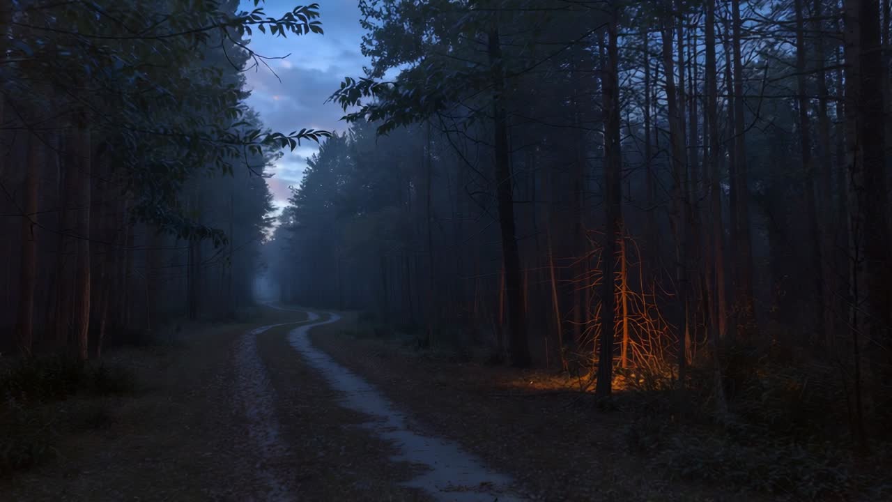 Crepuscolo che si intensifica, strada sterrata tortuosa che conduce in una pineta, con due solchi e un caldo bagliore di alberello