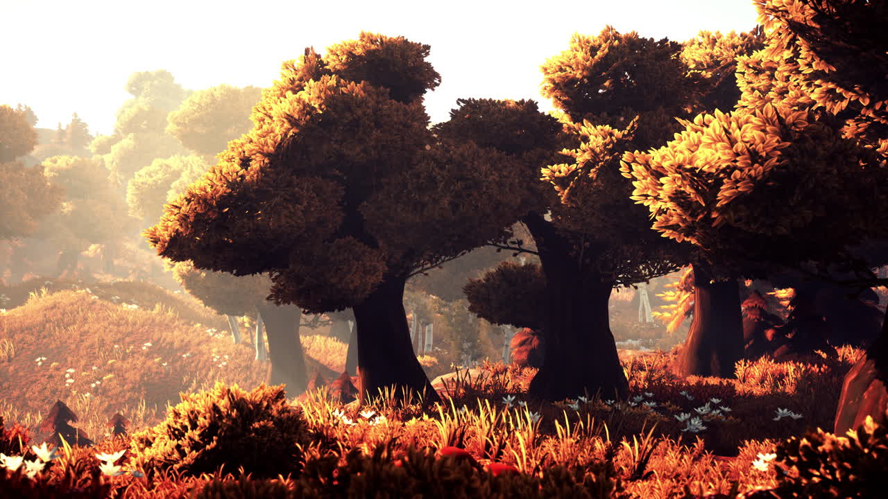 일몰 에 푸른 숲 이 꽃피고 있는 만화