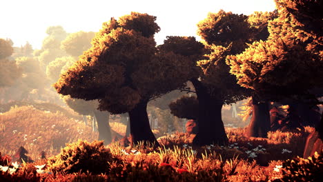 cartoon flowering green forest on sunset