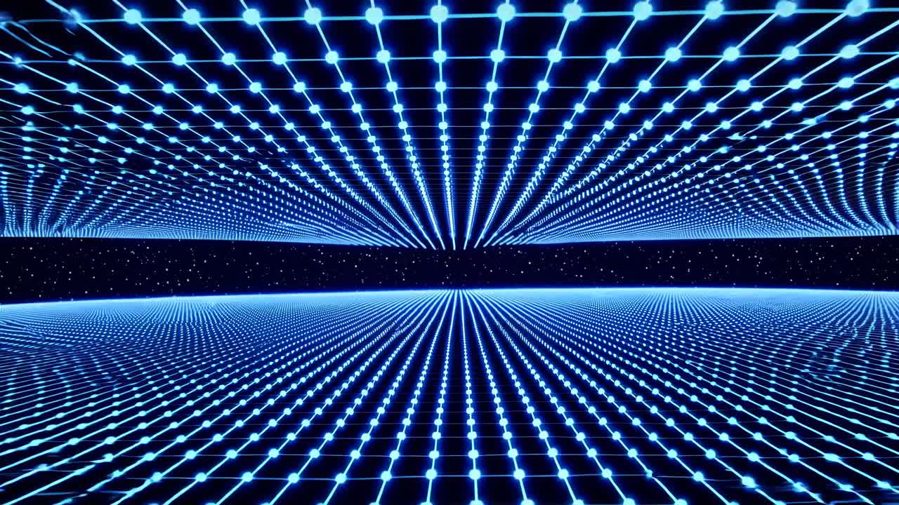 Futuristic video concept with a grid of glowing blue lines and dots