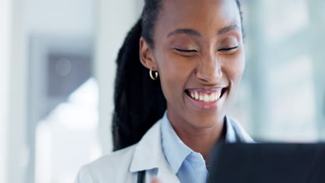 Doctor,-tablet-and-face-of-laughing-black-woman