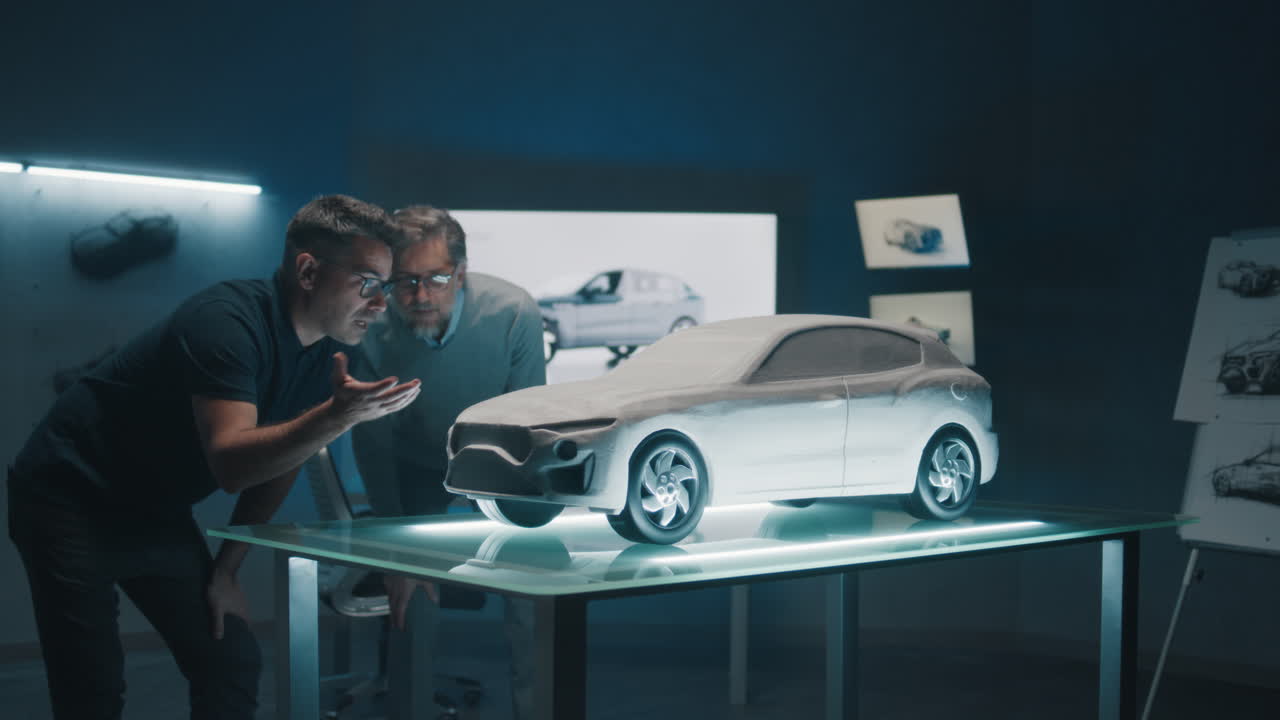 equipo de diseño de automóviles revisando el prototipo