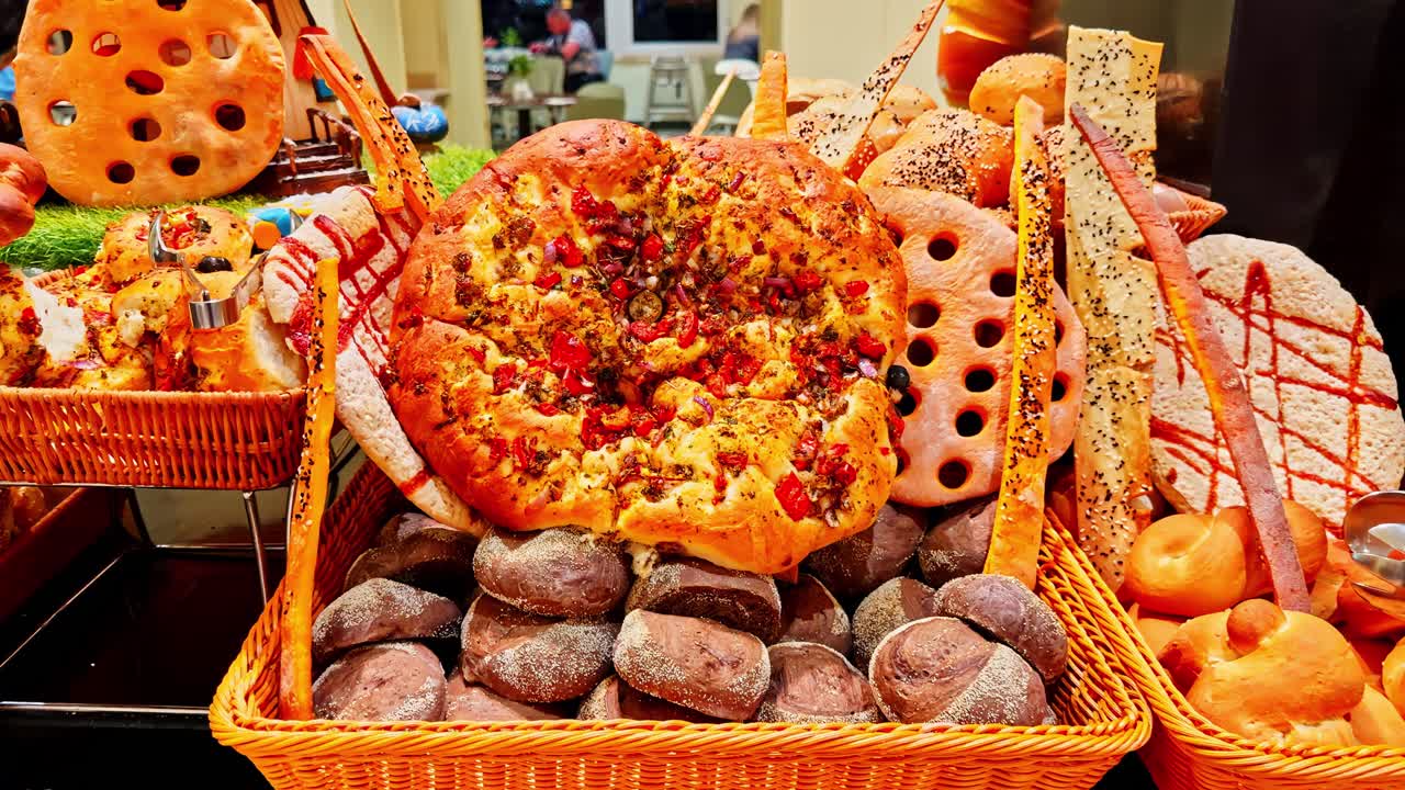 Assorted bread display at a bakery in Sharm El Sheikh, Egypt