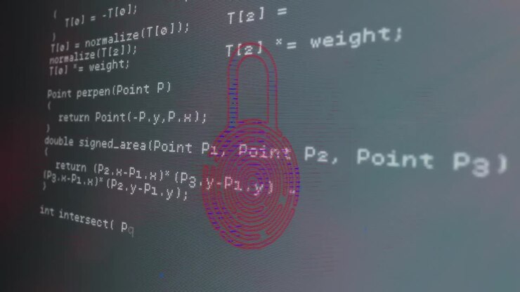 Animation of padlock with biometric fingerprint and data processing