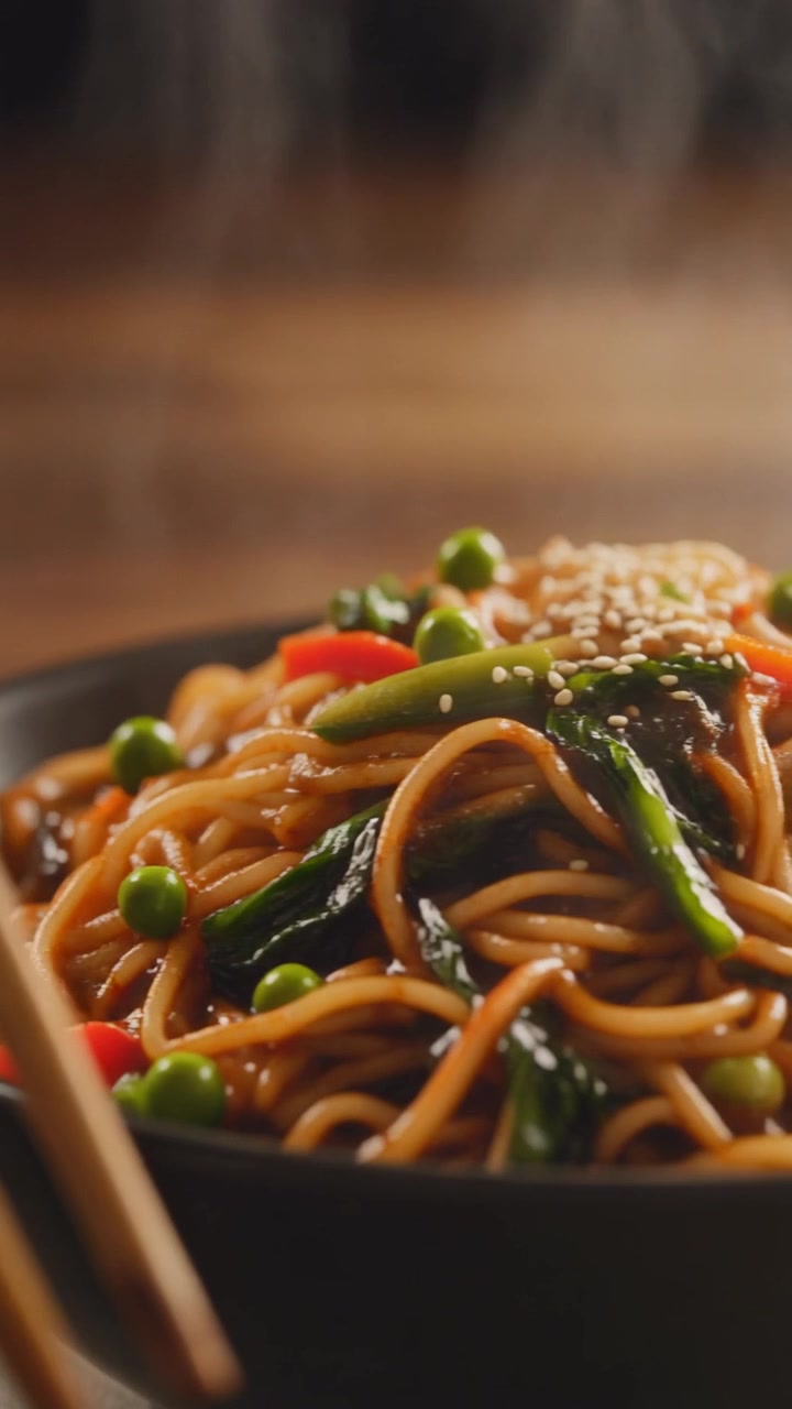 Ciotola fumante di noodles saltati in padella con verdure