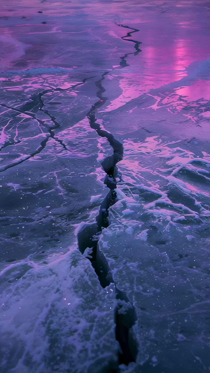 Vertical video: Pulling camera along central fissure on frozen lake, showing fractures for study