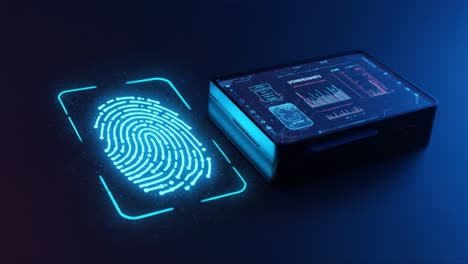exploring the future of digital security: a close-up of a biometrics device analyzing a fingerprint, highlighting advanced technology and data visualization