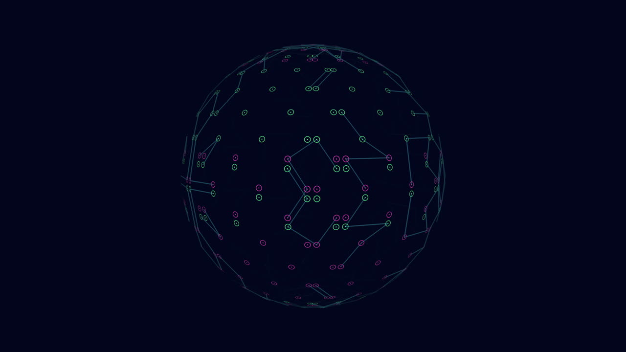 Futuristic neon sphere with small dots and lines in dark space