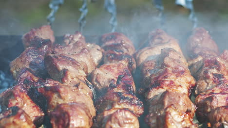 bbq meat grilling on charcoal grill. close up smoke over meat barbecue skewers