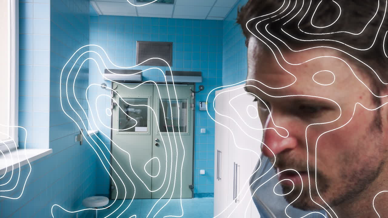 animación de formas en movimiento sobre un médico caucásico con máscara facial