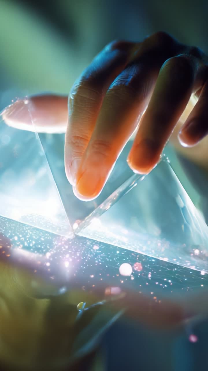 Captivating Glimpse of Illuminated Prism with Sparkling Light Reflections and a Gentle Hand in Motion Above, Creating a Mystic and Enchanting Visual Experience