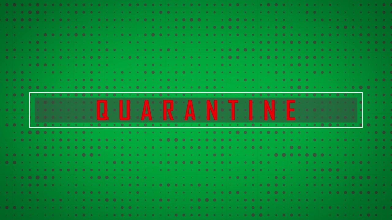 Digitally generated video of quarantine text and red dots against black background