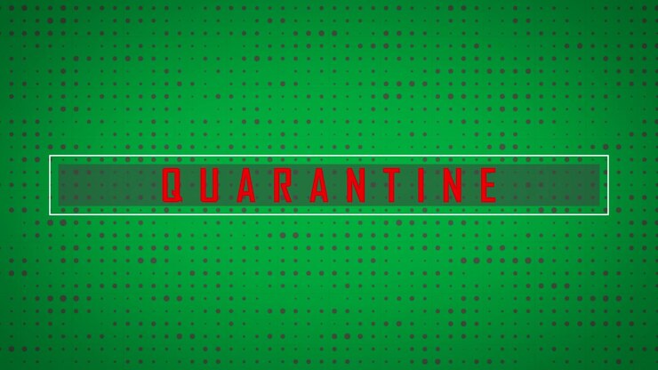 Digitally generated video of quarantine text and red dots against black background