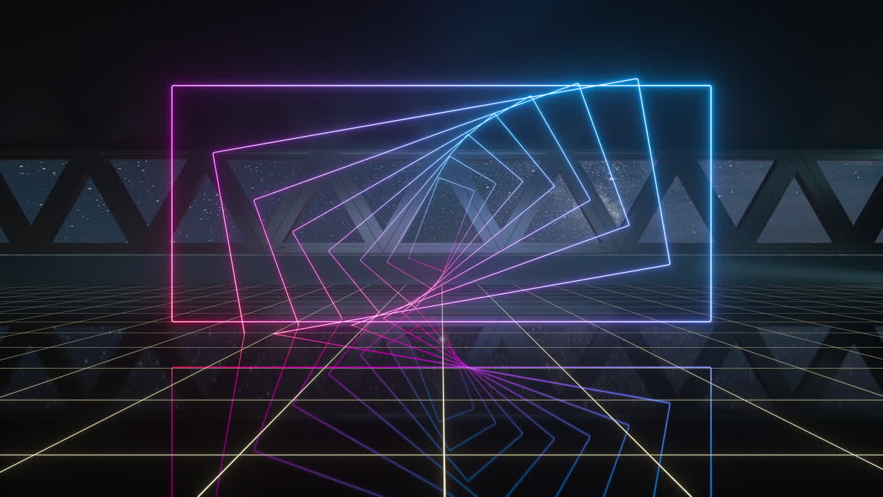 una habitación oscura en el espacio exterior con luces de neón, renderización en 3d.