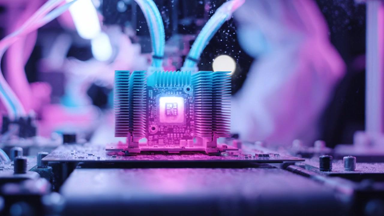 Advanced Circuit Board Manufacturing in Action: A Close-Up on Cutting-Edge Technology and Precision Engineering in a High-Tech Environment with Colorful Lighting