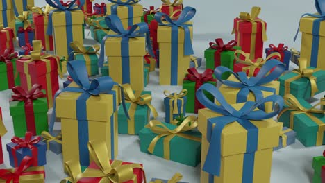 video of multi coloured christmas presents with ribbons over grey background