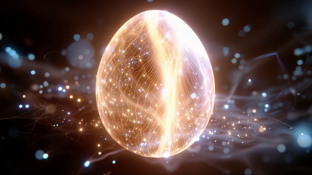 Golden egg pulses with cosmic energy. Starlight swirls around its luminous surface. Fragments of light burst outward from its core. Ethereal glow suggests rebirth or awakening