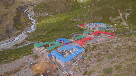 Aerial-view-of-Tilicho-base-camp-Nepal-landscape,-river,-housings,-green-lands,-adventurous-tourism-travel-4K