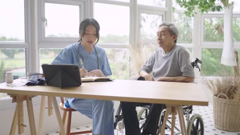 young asian nurse diagnose disease by talking to a senior male patient on a wheelchair.