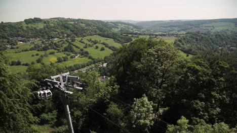 cable cars moving down above trees at the heights of abraham in derby