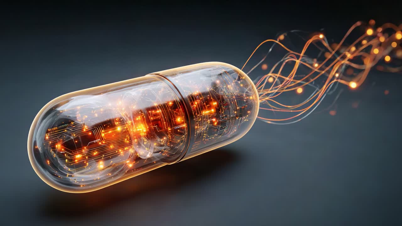 A futuristic depiction of a glowing capsule, illustrating advanced technology intertwined with energetic trails, symbolizing innovation and the convergence of health and science