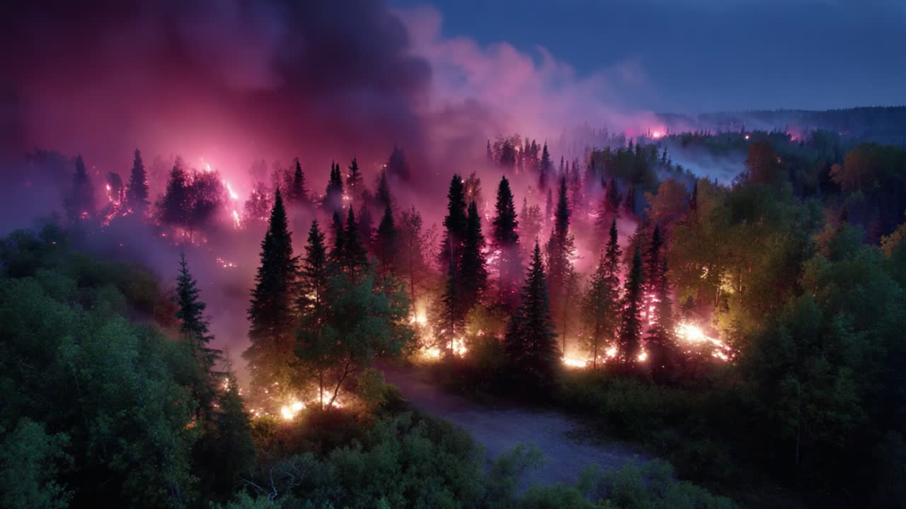 Dramatic Forest Fire Under a Dusk Sky: An Aerial View of Fiery Flames ...