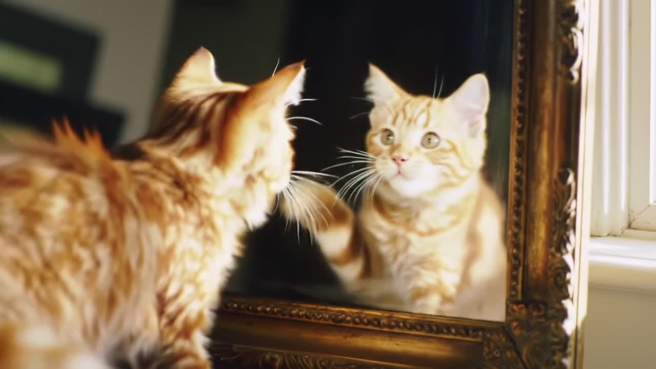 Gatto arancione curioso che esplora il suo riflesso in uno specchio vintage, catturando il fascino e la natura giocosa del comportamento felino