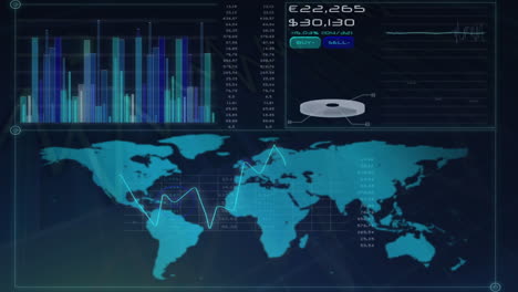 animación de estadísticas y procesamiento de datos financieros sobre el mapa del mundo