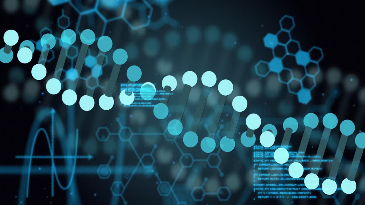 검은색 배경에 있는 dna 줄의 애니메이션과 데이터 처리